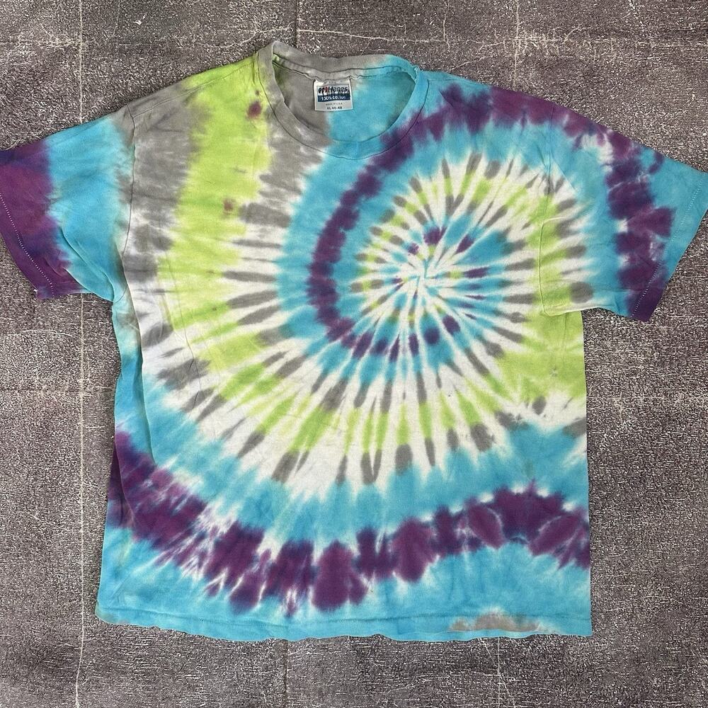 Men's Vintage 90's Hanes Gray Green Blue Purple Tie Dye Blank T Shirt Tee Sz L